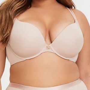 Torrid 50F beige 360° back smoothing push-up plunge bra in rose dust.